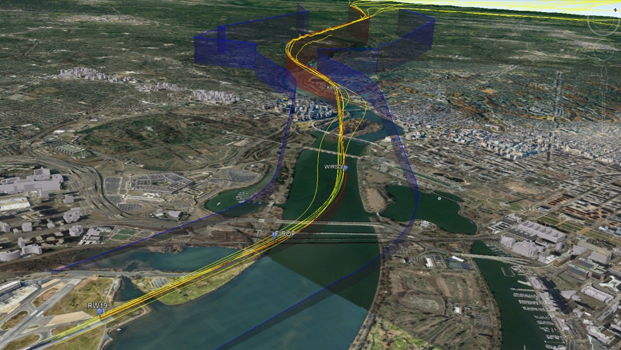 Flight Data Connect visualization over river and city