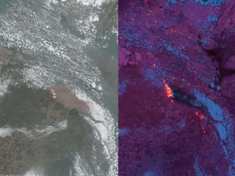 Experts can use visible and infrared GOES-R ABI imagery to track wildfire hotspots along with smoke and wind patterns.