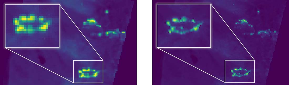These images demonstrate the potential improvement in spatial resolution using ABI (left) and GXI (right).