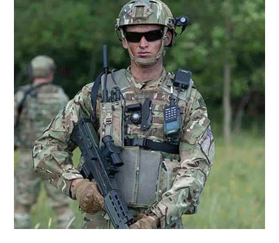 Soldier wearing L3Harris Falcon III® RF-7850S Secure Personal Radio