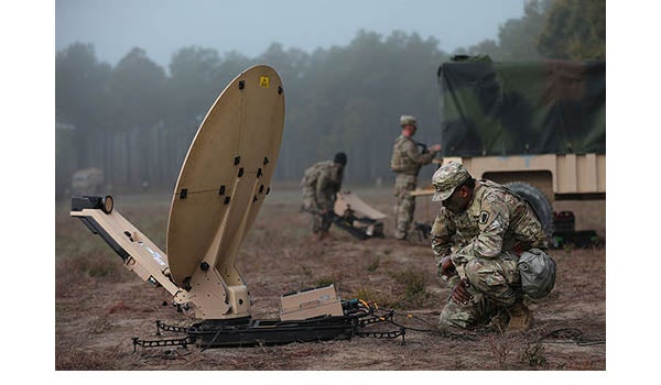 Fortifying Communications: Soldier using SATCOM in the field