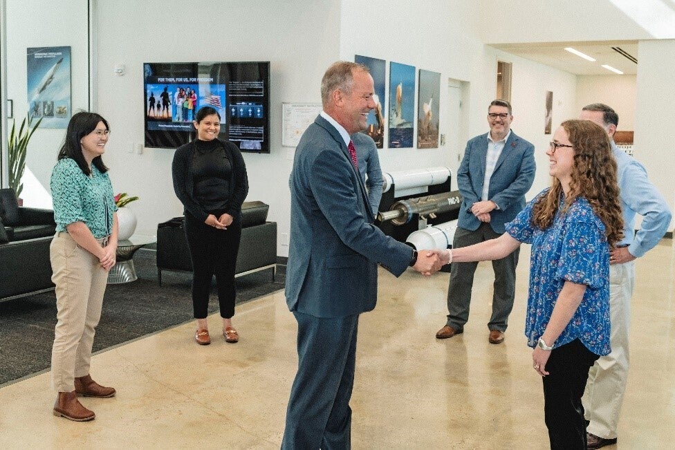 Missile Solutions President Scott Alexander meets Aerojet Rocketdyne team members at Missile Solutions HQ in Huntsville, Ala.