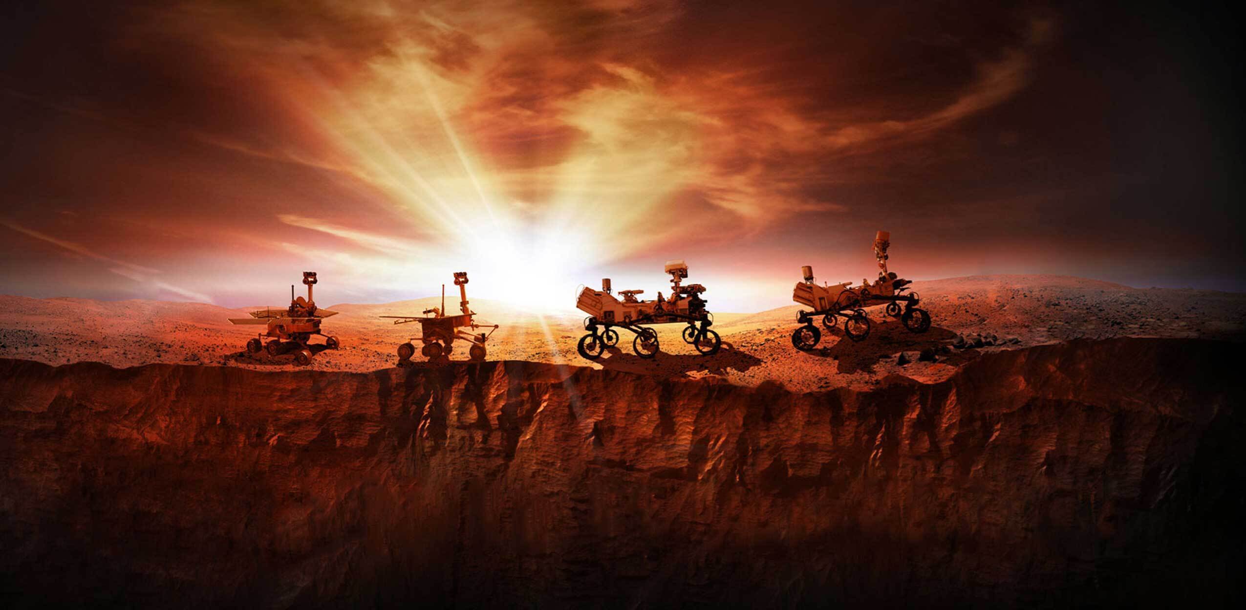 Mars rovers using L3Harris transmitters and transceivers. From left to right: Spirit, Opportunity, Curiosity and Perseverance