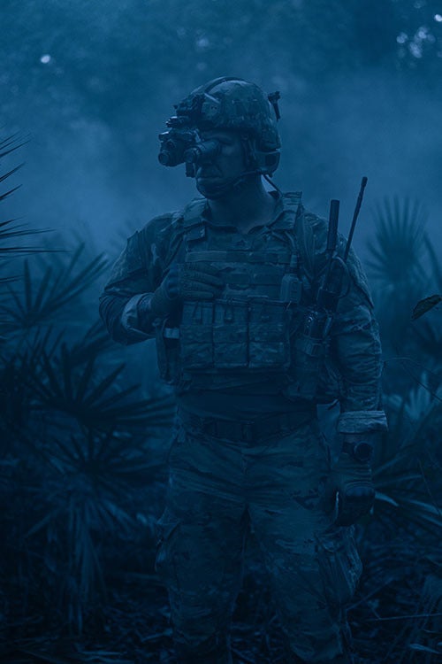Soldier wearing helmet-mounted ENVG-B night vision