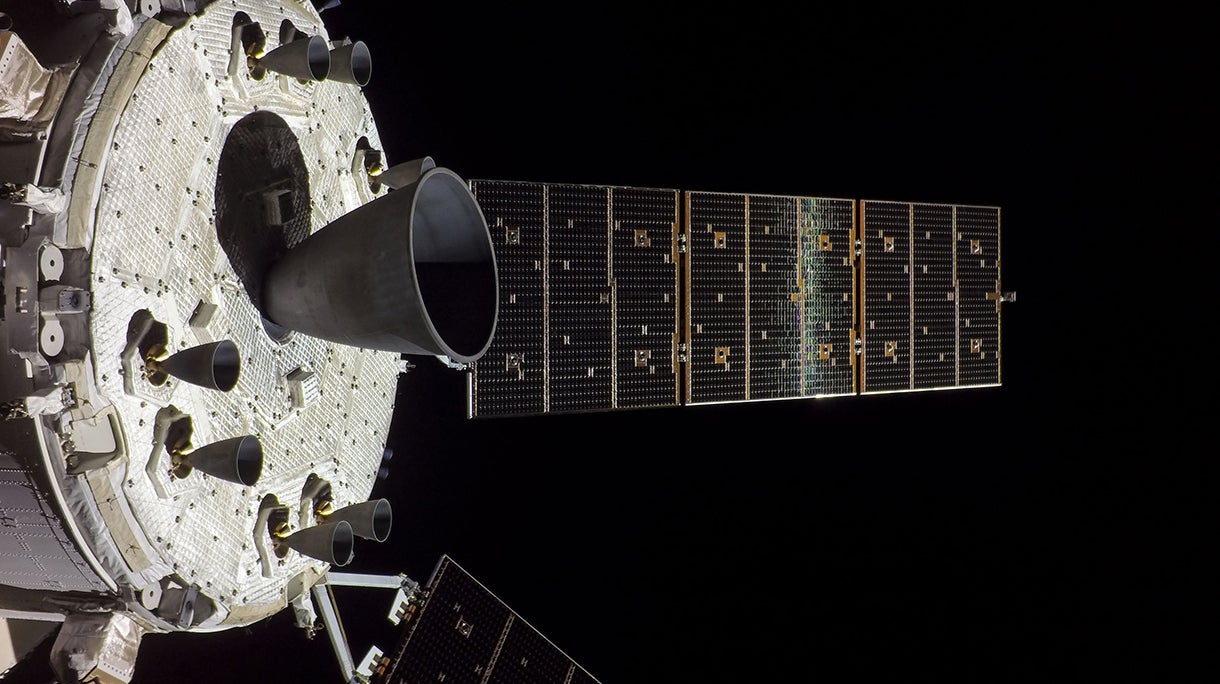 The Orion Main Engine on Orion’s service module is prominently featured in this image from flight day 22 of the Artemis I mission in 2022.