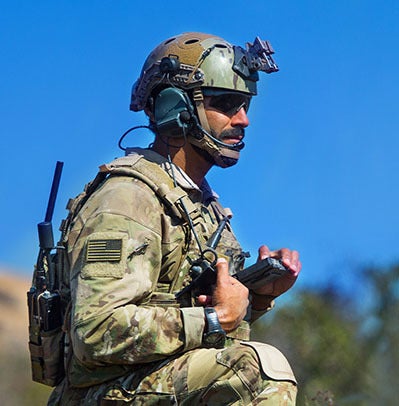 Soldier wearing Battlefield Awareness and Targeting System - Dismounted (BATS-D) Radio