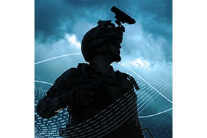 Profile of soldier with night vision goggles stowed