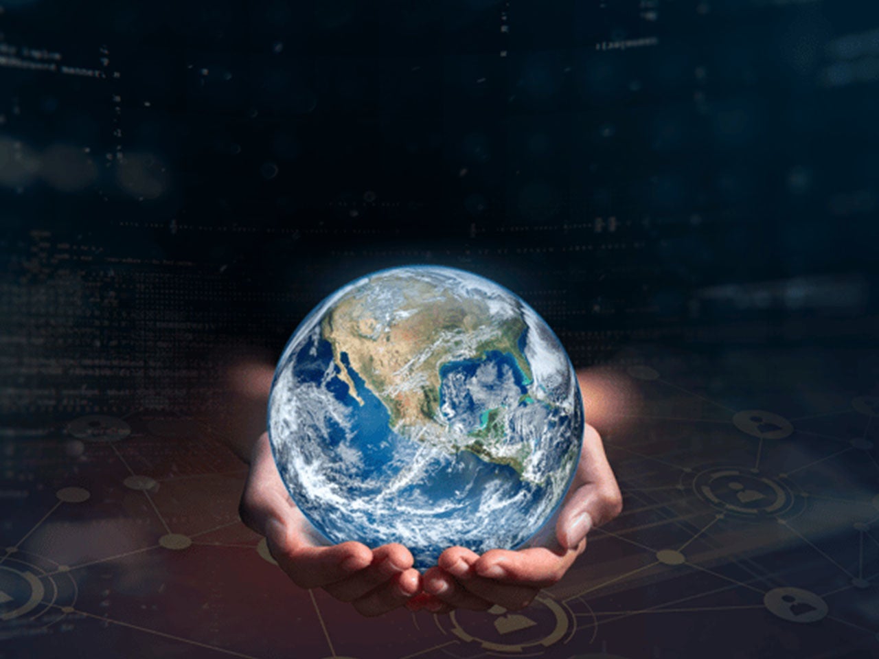 Digital render of virtual earth held in hands over digital background illustration
