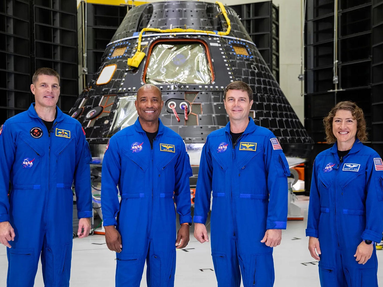 Jeremy Hansen, mission specialist; Victor Glover, pilot; Reid Wiseman, commander; and Christina Hammock Koch, mission specialist