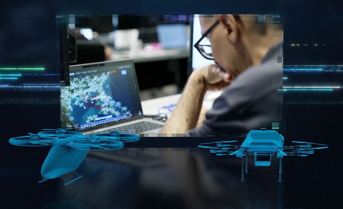 Concept rendering of cybersecurity monitoring and flying taxi and drone