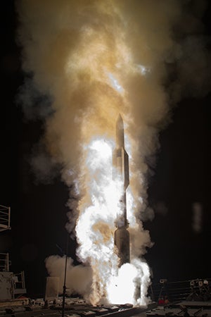 A Standard Missile-6 (SM-6) guided missile is launched from the USS John Paul Jones (DDG 53) during Flight Test Standard Missile-27 Event 2 (FTM-27 E2). During the test, a medium-range ballistic missile target was successfully intercepted by SM-6 missiles fired from the USS John Paul Jones.