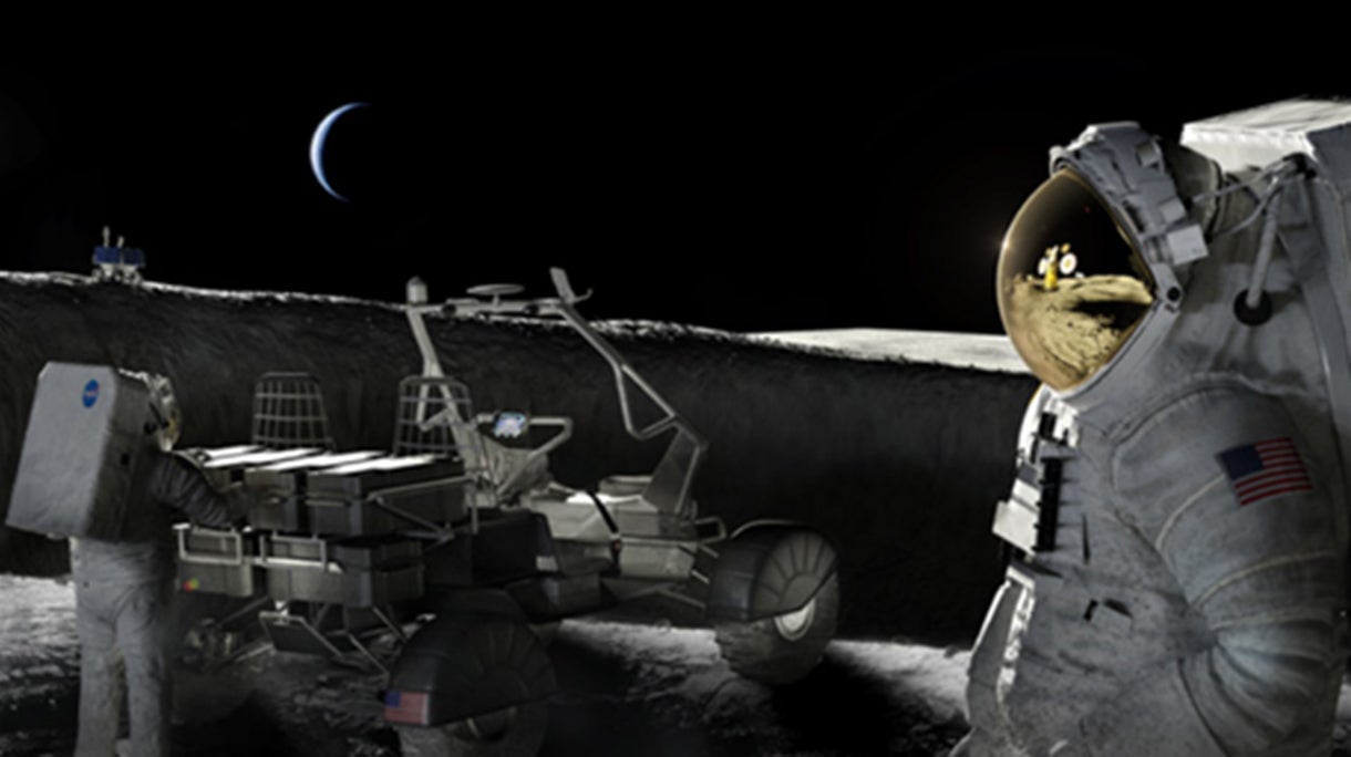 Image Credit: NASA illustration. Artist rendering of lunar exploration, where communications systems quietly connect astronauts, surface vehicles and mission teams across vast distances.