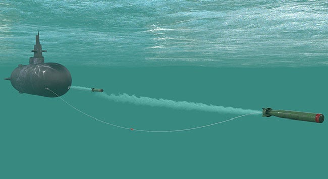 Water-submerged L3Harris IPLCS, a fiber-optic tether connecting a torpedo to the origin vessel