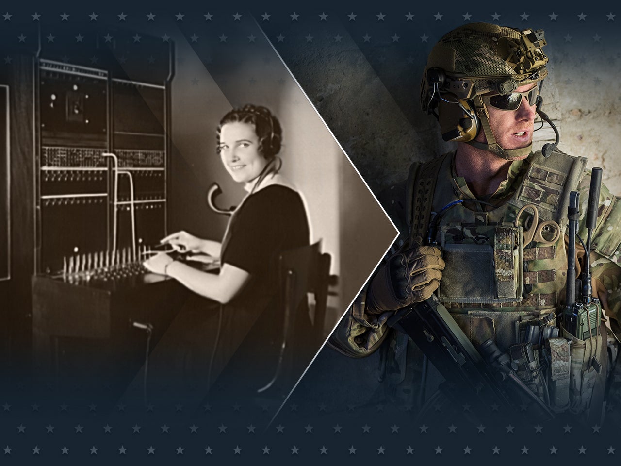 Archive image of woman with early telephone and soldier on radio