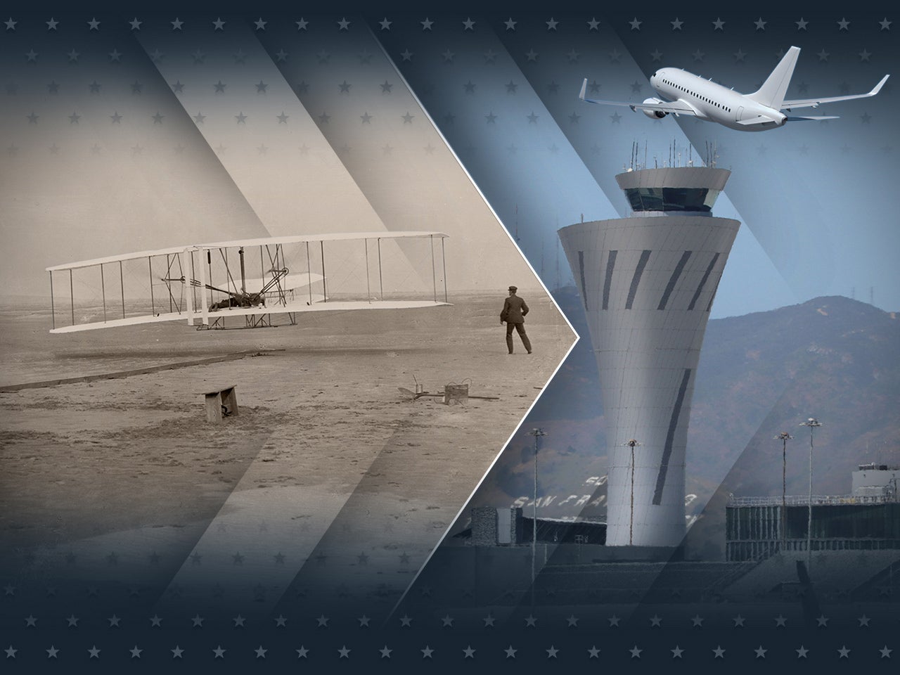 Combined graphic of Kitty Hawk plane and a modern air control tower