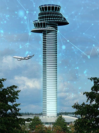 L3Harris' render of airport with ascending aircraft and air traffic control tower in view