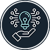 Icon white outline open hand holding white outline circle-ended lines radiating from teal outline lightbulb