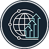 Icon white outlines globe with latitude and longitude lines, line with intermittent circles surrounding globe, teal outline three arrows grouped and overlay white lines