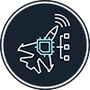 Icon white outline jet, radar waves above it, connected multi-line connect to 3 boxes, overlaid by teal outline disc with target plus inside