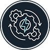 Icon white outline gears, one large in center over two partially covered smaller gears, curved arrows around large gear, plus symbol in center over teal lightning symbol
