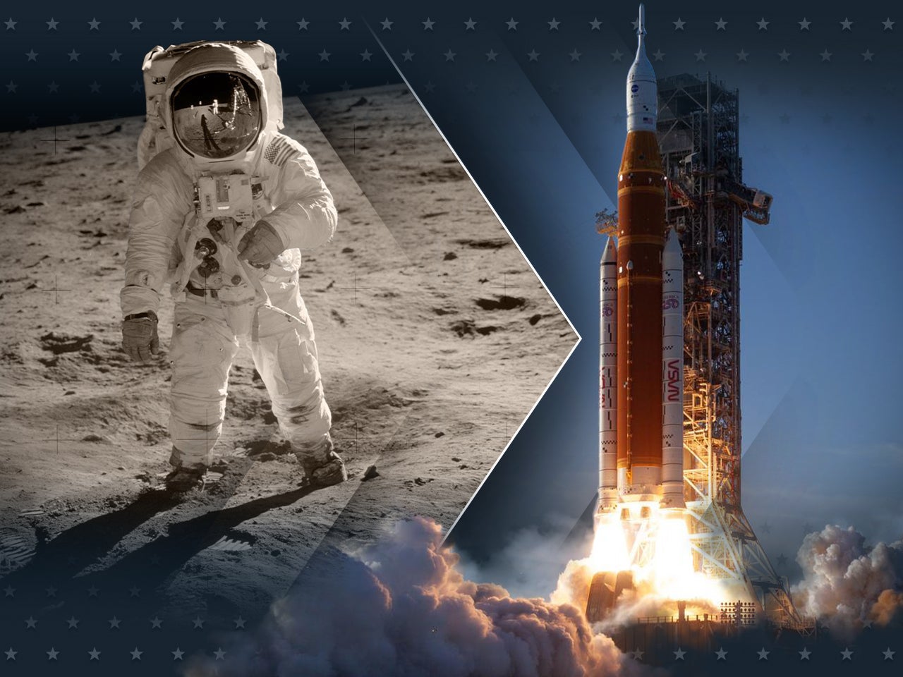 Combined image of walking on moon and artemis launching