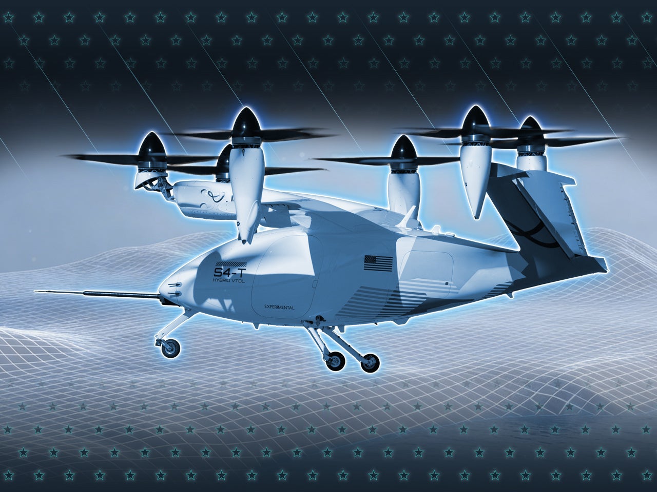 Aircraft flies over digital mountains