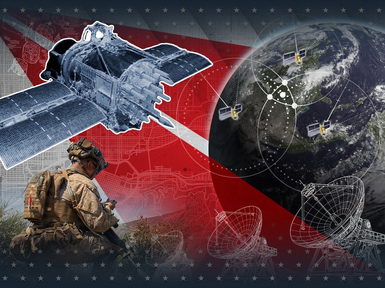 GPS satellites hover over earth as soldier adjusts his device