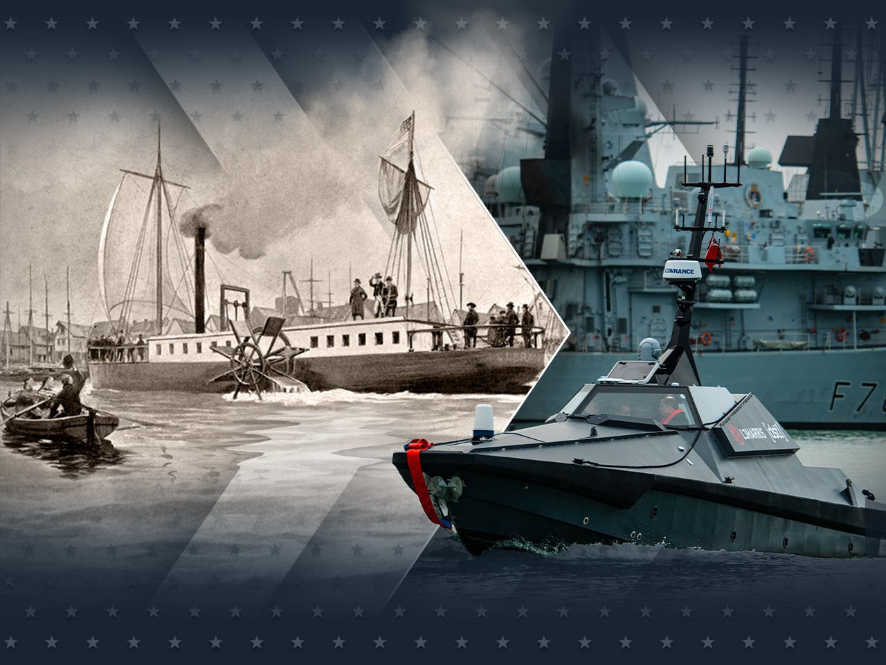 Archive image of steamer ship with a modern L3Harris ship