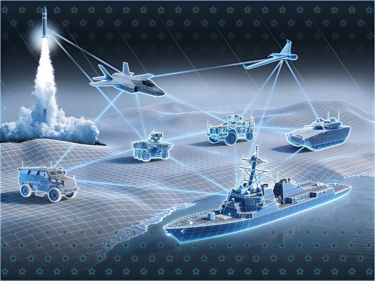 A missile, plane ship and ground vehicles connect via a digital line