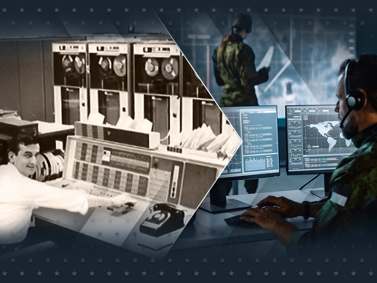 archive image of man at desk with technology and soldier on modern computer system