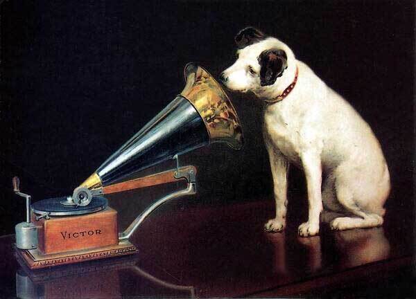 historic RCA Pitbull listening to victrola 