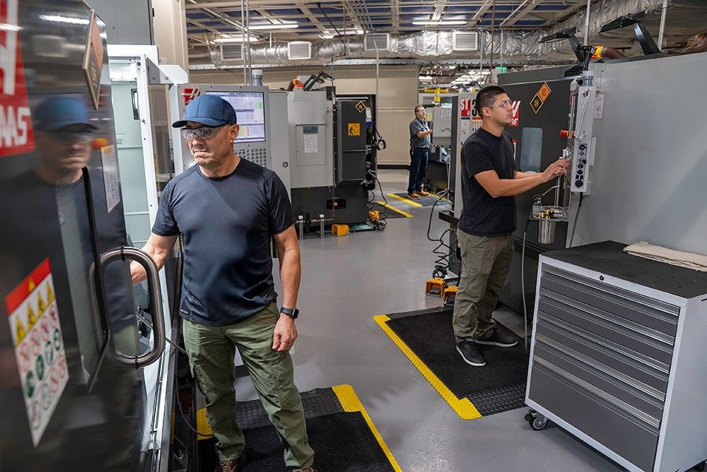 L3Harris Canoga Park team members work on chamber machining. Multiple areas in the machining division will gain increased capacity as part of the expansion. 