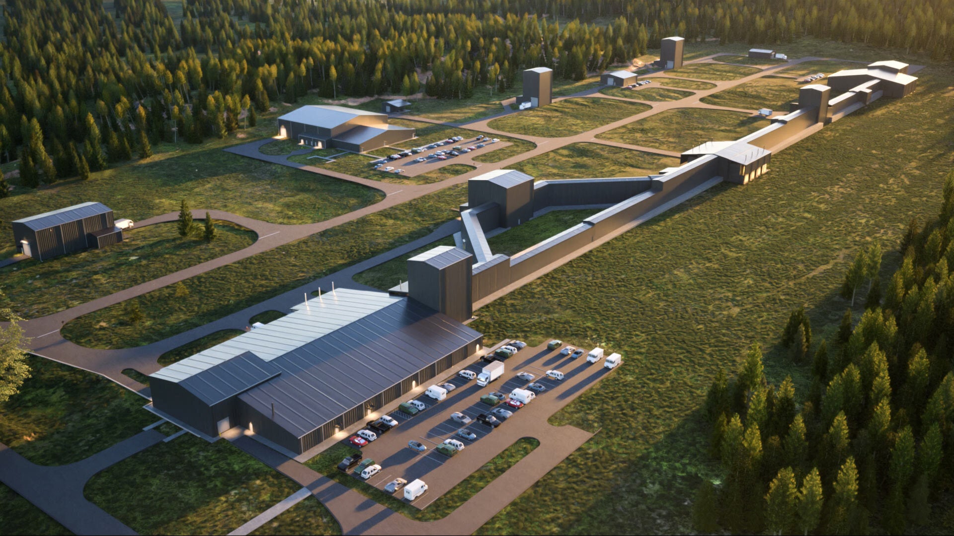 An illustration of the future Arkansas Advanced Propulsion Facilities campus, where advanced automation and proven expertise accelerate solid rocket motor production.
