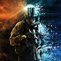 soldier surrounded by clouds with digital links