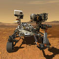 An illustration of NASA's Perseverance rover on the surface of Mars.