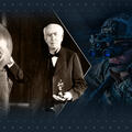 Archive image of Thomas Edison with modern image of soldier with night vision goggles