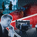 President JFK talks on phone with modern-day communications in background