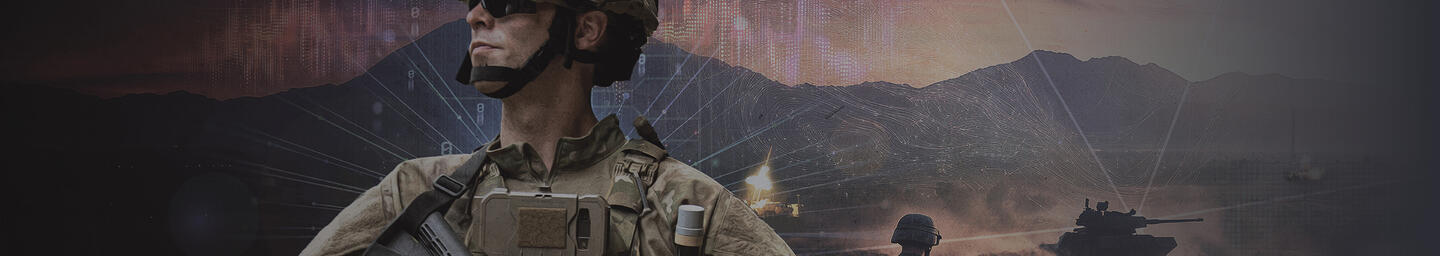 Army soldier on battlefield with network connecting assets