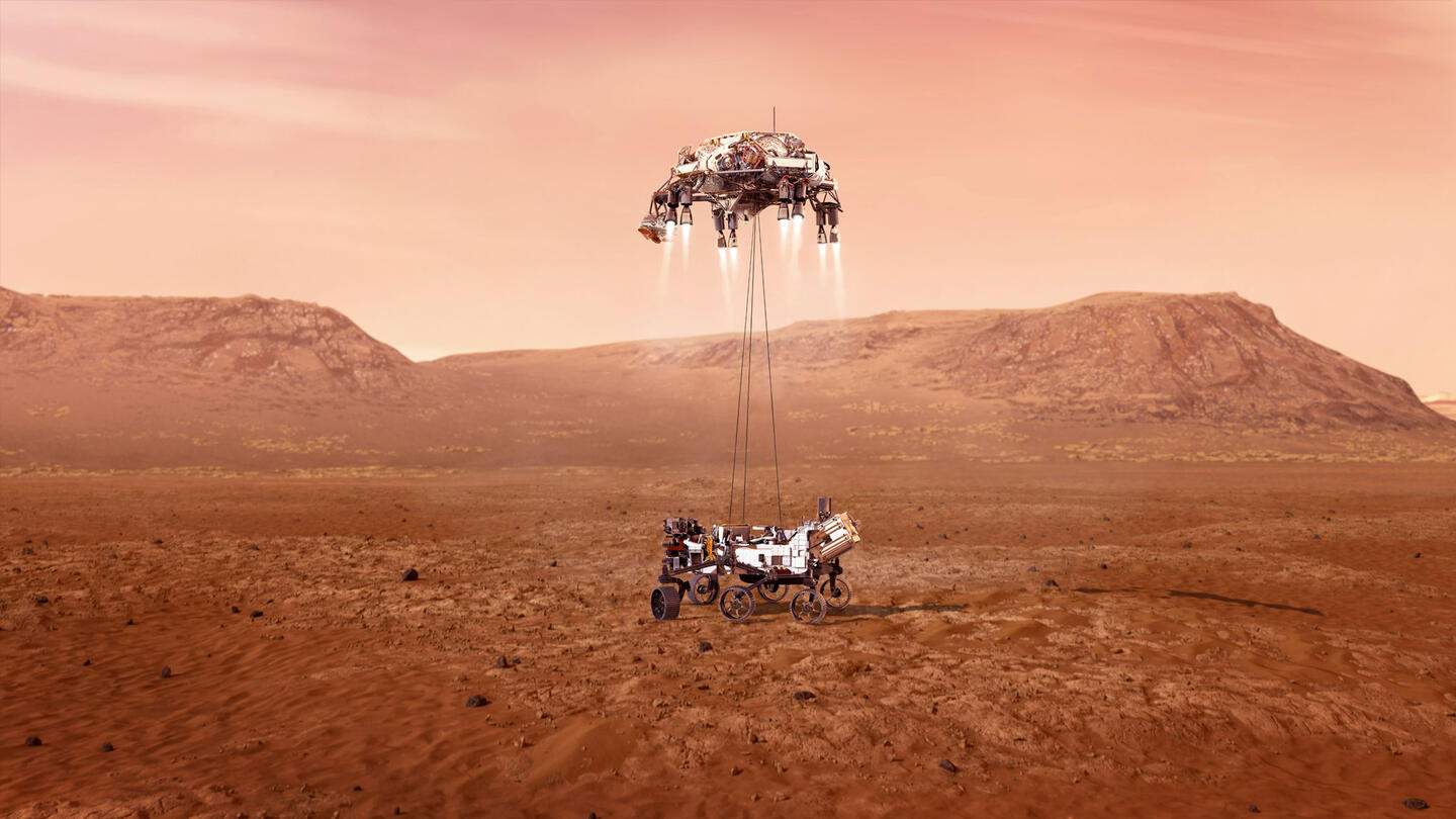 An illustration of NASA's Perseverance rover landing safely on Mars. CREDIT: NASA