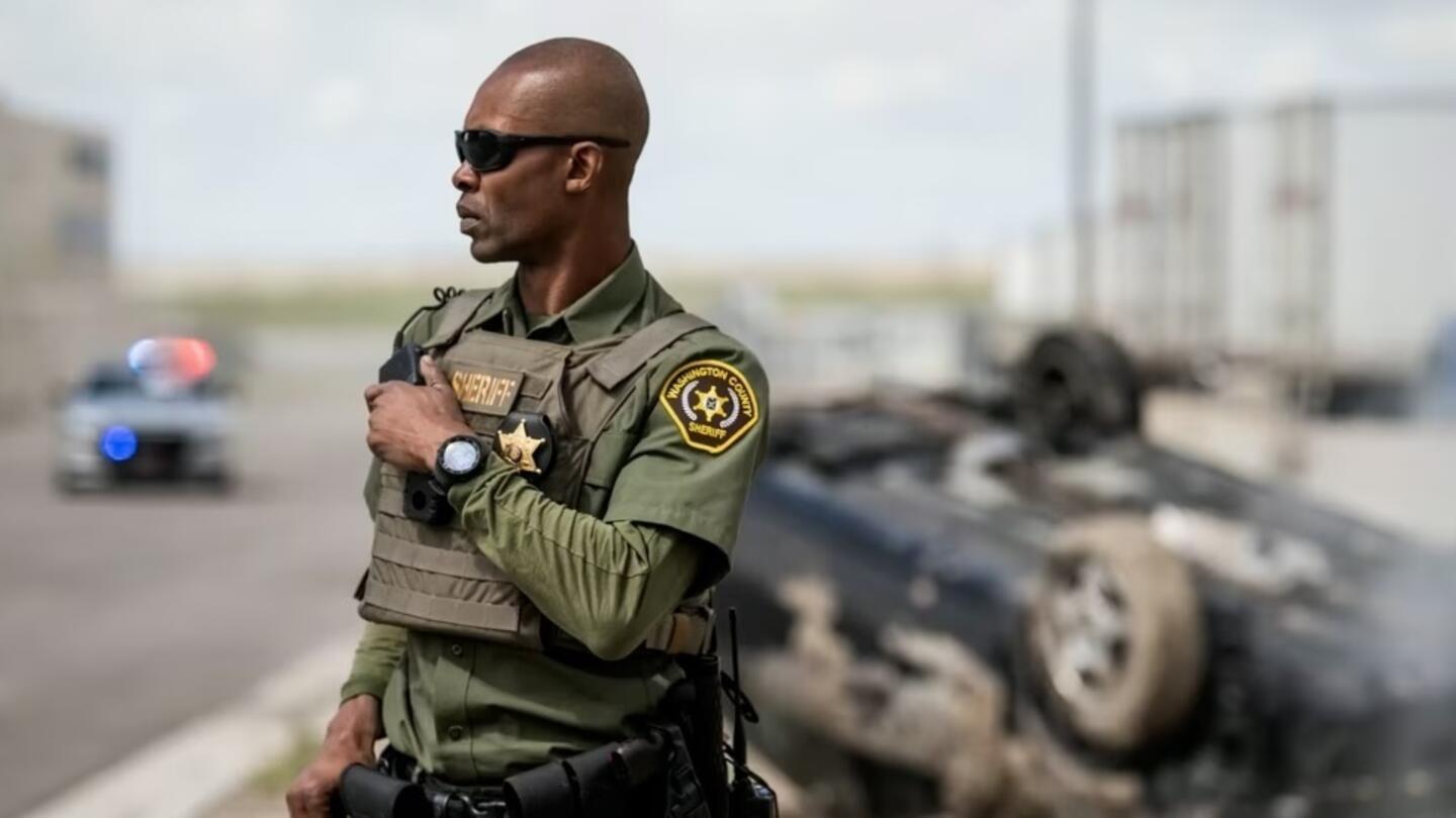 Law enforcement officer with radio at accident scene