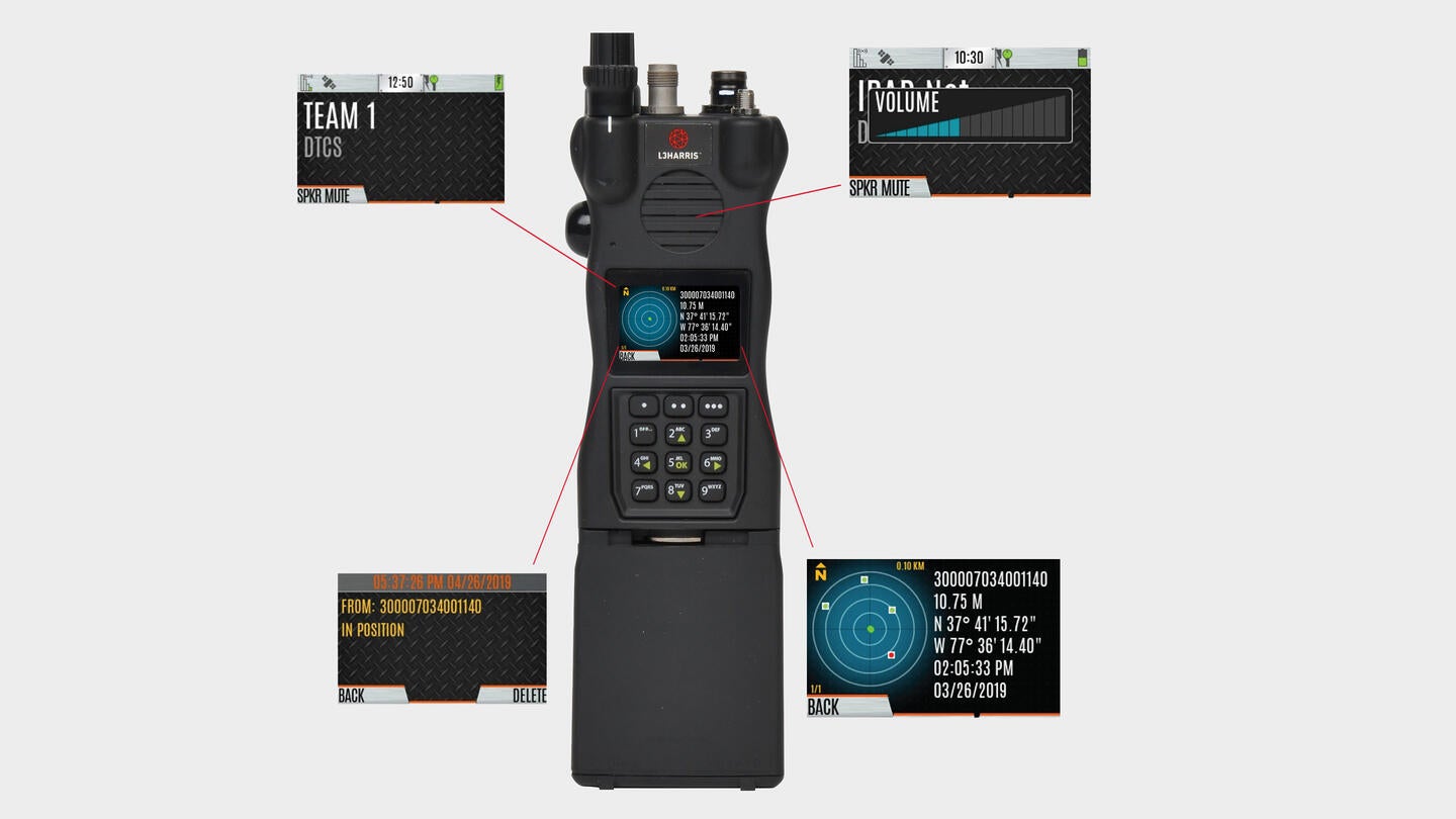 Front face of L3Harris RO-X Tactical Radio with rendered features: amplifier, RO/RO-x radios location via GPS, integrated messaging, high-resolution display