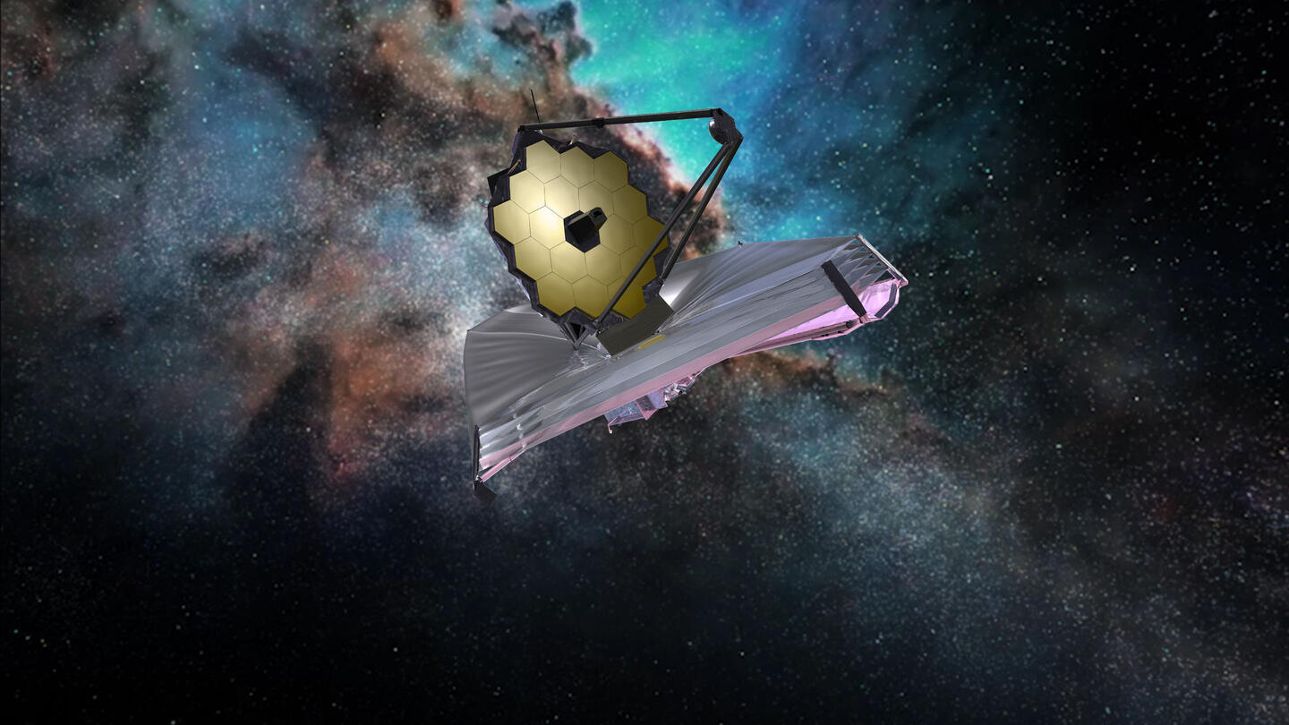 Rendering of James Webb Space Telescope over space nebula background