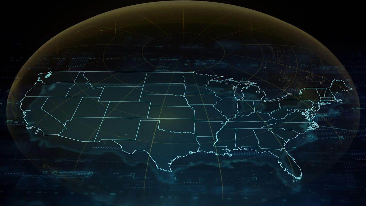 L3Harris Protecting the Homeland video frame 00:52, concept render protection shield over America