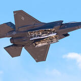 A U.S. Air Force F-35A Lightning II aircraft performs a weapons bay door pass