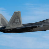 A U.S. Air Force F-22 Raptor takes off for a training mission at Nellis Air Force Base, Nevada, Aug. 21, 2025. Thumbnail image.