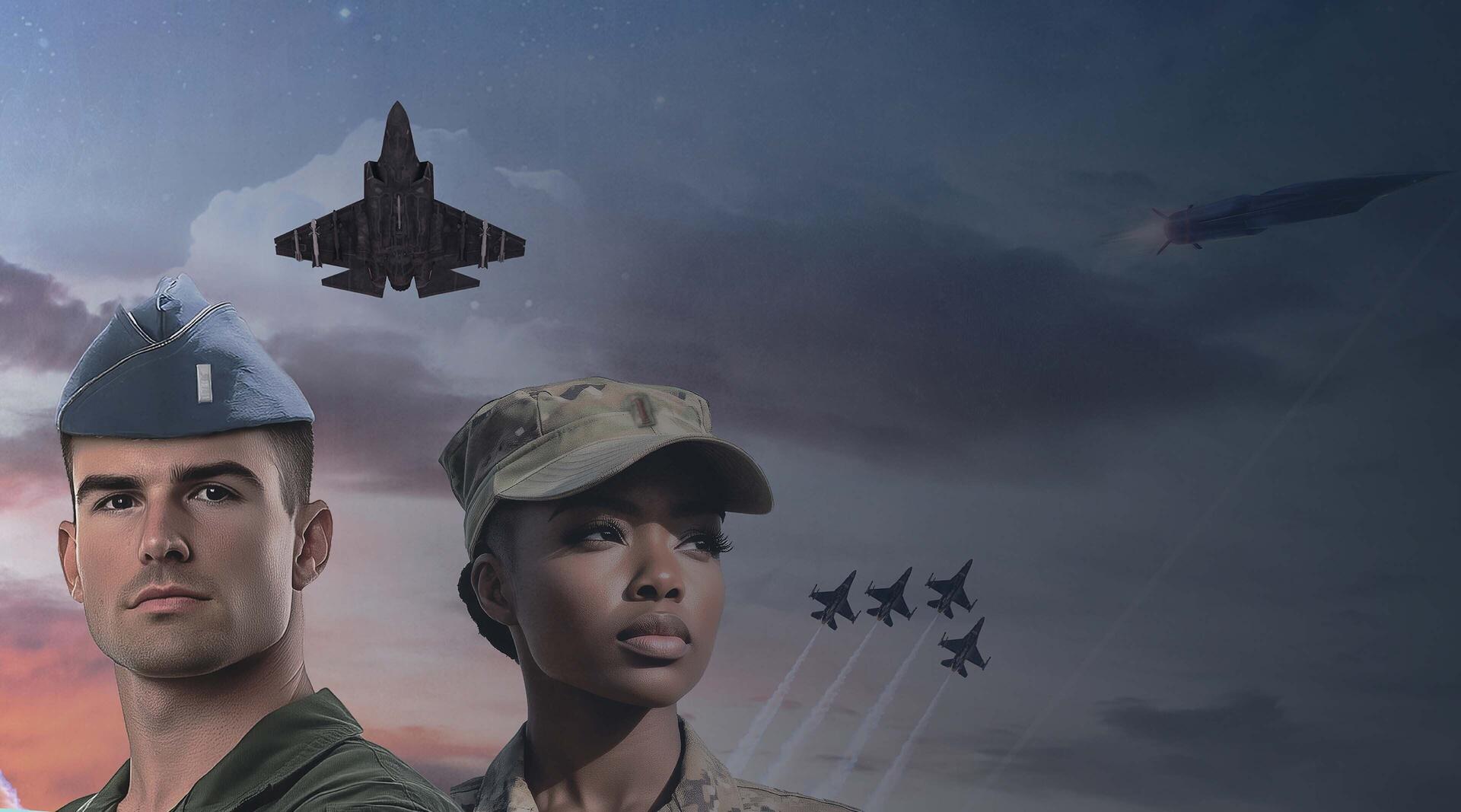 Air and space force member with products in background