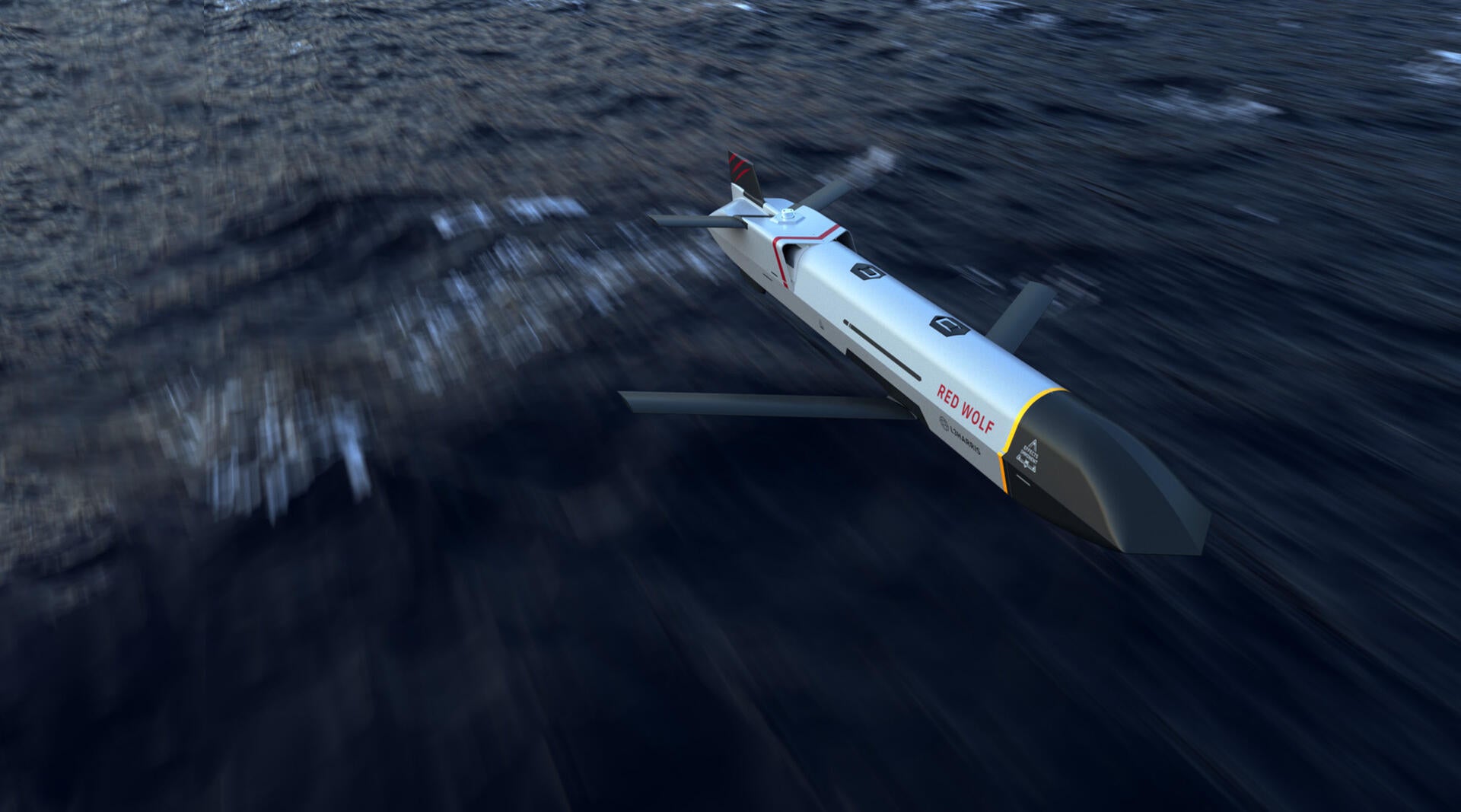 Rendering of Red Wolf skimming over sea