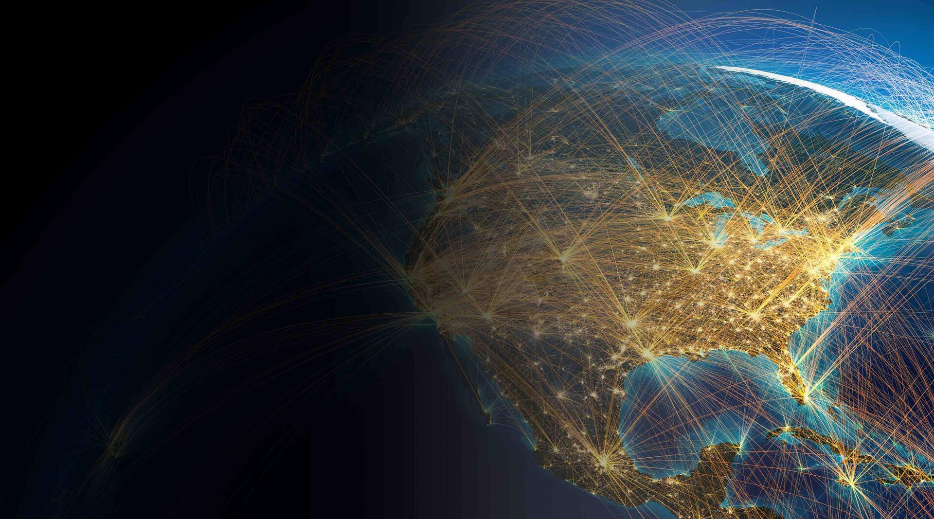 Planet Earth with detailed relief is covered with a complex luminous network of air routes based on real data