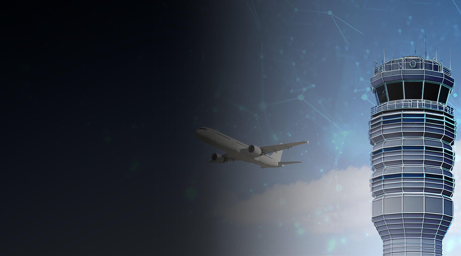 L3Harris' Air Traffic Management Solutions render of aircraft in flight and control tower off to the side