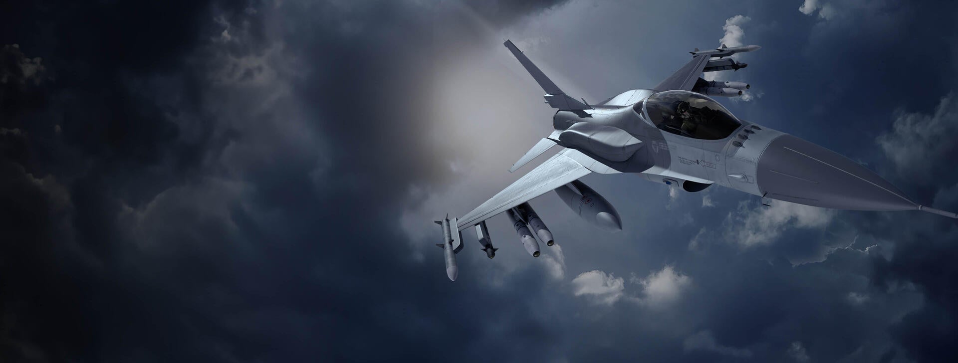 Viper shield on jet flies through clouds